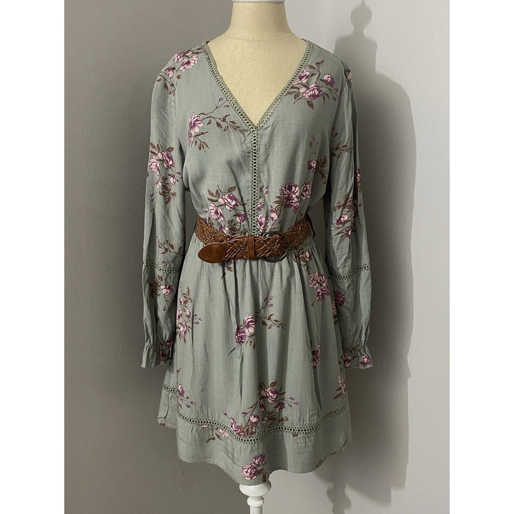Womens Floral Dress Size Large Knee Length Braided Belt Western BOHO Feminine